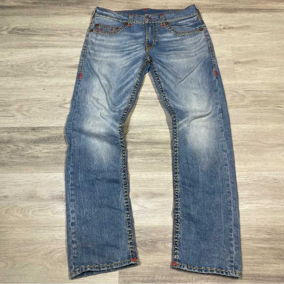 True Religion Light Wash 3 tone Rope Stitch Straight Jeans sz 34 - Picture 2 of 9